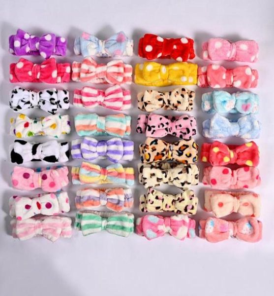 

bow headbands flannel bowknot hairbands solid striped polka dots bath hairband wash face makeup turban hair accessories 18 designs8760368, Slivery;white