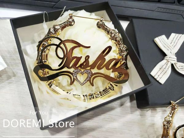 

dangle chandelier doremi bling heart name bamboo earrings custom hoop bamboo names earrings letter big personalised name earrings women gift, Silver