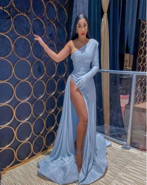 

new arrival baby blue reflectiv prom dresses one shoulder sequined high side split ruffles prom dress formal dress evening go8288569, Black