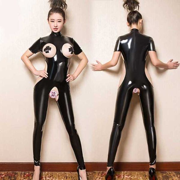 

nightclub and fun underwear tight opening breast leakage one piece leather clothing sm lacquer leather body shaping clothing alternative que, Black;red