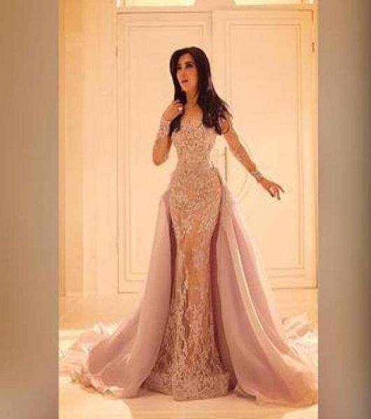 

champagne lace long sleeves mermaid evening dresses overskirt formal party gowns detachable tulle skirts arabic prom dress robes d1188569, Black;red
