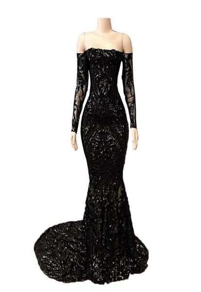 

sparkly sequined black mermaid prom dresses 2020 off the shoulder long sleeves evening party gowns sweep train african arabic form1726652, Black;red