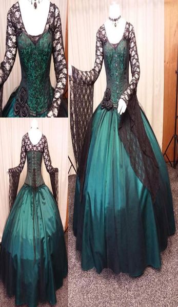 

vintage black and green gothic wedding dress 2018 long sleeve steampunk victorian whitby goth lace up plus size wedding bridal gow6544484, White