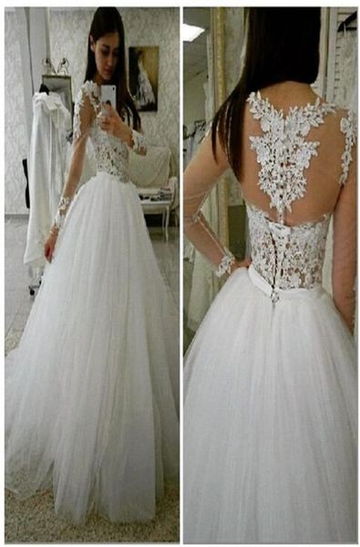 

custom ball gown wedding dress v neck long sleeve sheer floor length tulle bridal gowns3782031, White