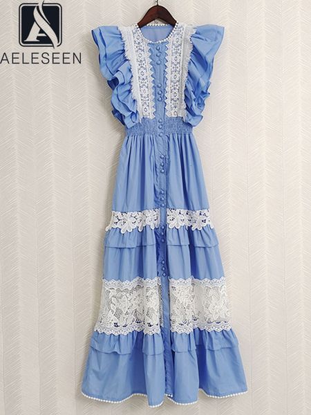 

urban dresses aeleseen summer long dres runway fashion blue black white butterfly sleeve lace patchwork ruffles elegant party 230630, White;black