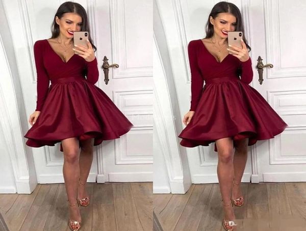 

2020 burgundy cocktail party dresses long sleeves deep v neck satin pleats short prom dress formal occasion wear cocktail party go5765439, Black