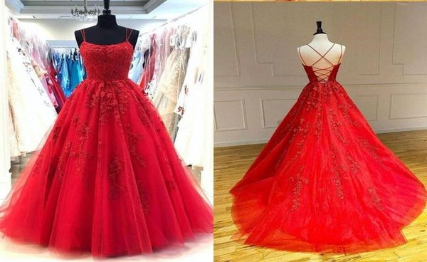 

fashion red a line lace prom evening dresses with straps applique open back tulle long formal pageant dress for women party homeco9011847, Black