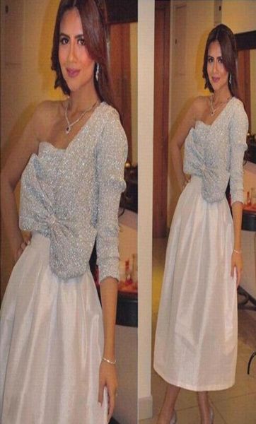 

sequined one shoulder short prom dresses saudi arabic long sleeve tea length dubai evening gowns party cocktail dress bow vestido 1058459, Black