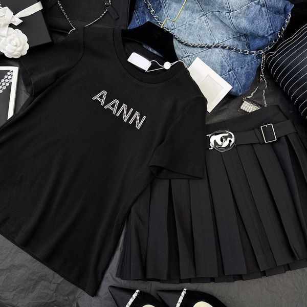 

two piece skirts designer new summer 2 two piece set fashion women short sleeves balck o-neck sequin high waist a-line mini skirt 2023, White