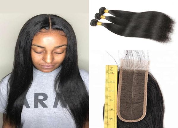 

brazilian human hair 3 bundles with 2x6 middle part lace closure silky straight 26 inch natural looking deep parting fine c7773037, Black