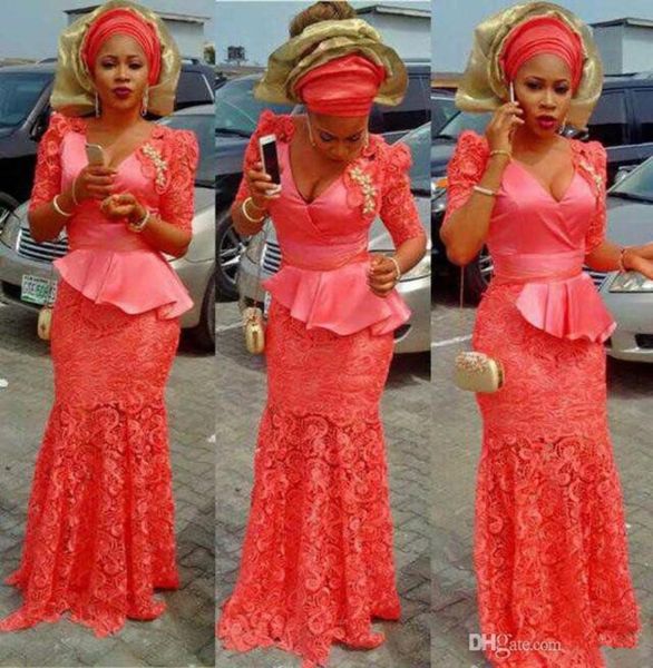 

water melon 2k17 prom dresses v neck half sleeves peplum lace and satin mermaid evening gowns aso ebi african vestidos party dress2682614, Black;red