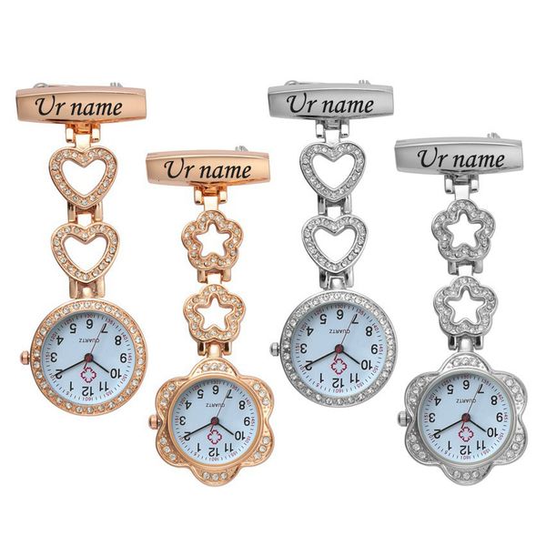 

pocket watches personalized customized engraved with your name doctor clock pin brooch zircon crystal strass rose gold heart fob nurse watch, Slivery;golden
