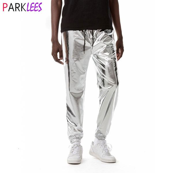 

men s pants mens shiny silver metallic jogger sweatpants hip hop wet look trousers men club party festival prom streetwear pantalones hombre, Black