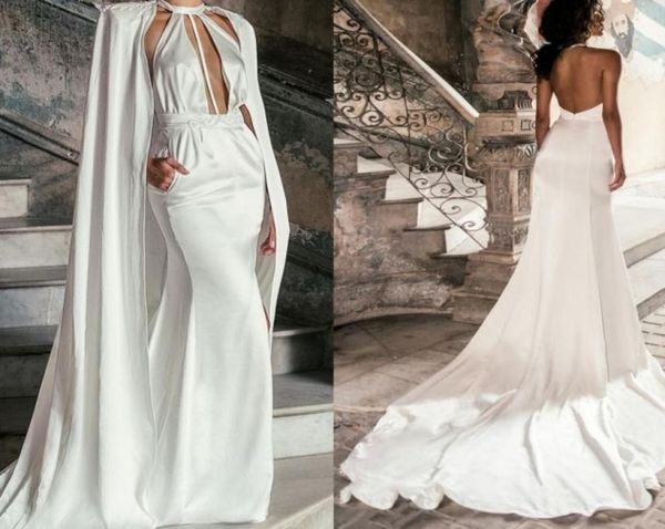 

elegant new fashion mermaid wedding dresses 2022 with wrap satin halter sweep train garden custom made bridal gowns6660220, White