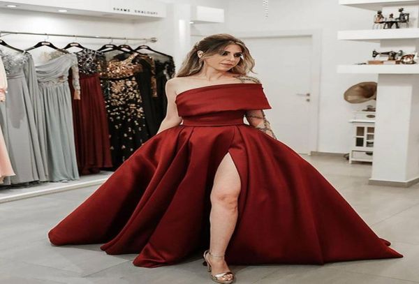 

2021 modest burgundy satin side split prom dresses with beaded sheer one long sleeve evening party formal women gowns8606377, Black