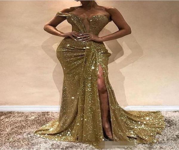 

modest gold sequins one shoulder prom dresses mermaid pleats ruched side slit plunging custom made long evening party gowns6915456, Black