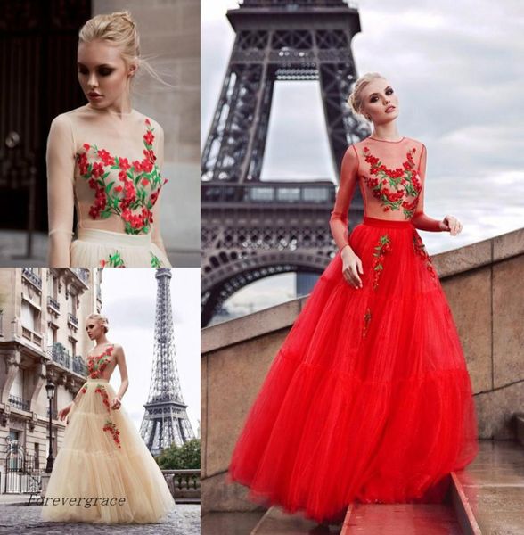 

nude tulle champagne red evening dress floral floor length long sleeves women wear special occasion dress prom party dress plus si6021163, Black;red