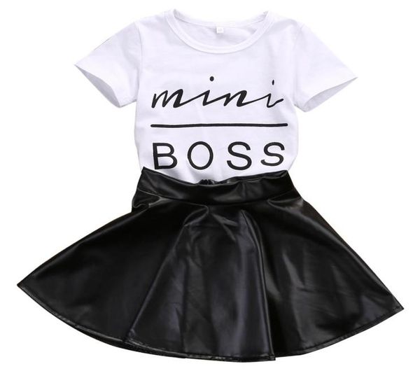 

2018 new fashion toddler kids girl clothes set summer short sleeve mini boss tshirt leather skirt 2pcs outfit child suit8364573, White