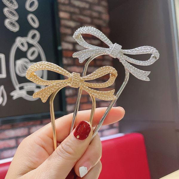 

rhinestone/crystal bow tie hair sticks bridal headpieces wedding accessories female women hair jewelry boho bun golden head pin, Silver