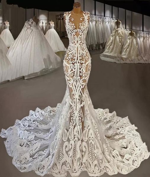 

2022 lace mermaid wedding dresses bridal gowns jewel neck appliqued country vestidos de novia 03286357830, White