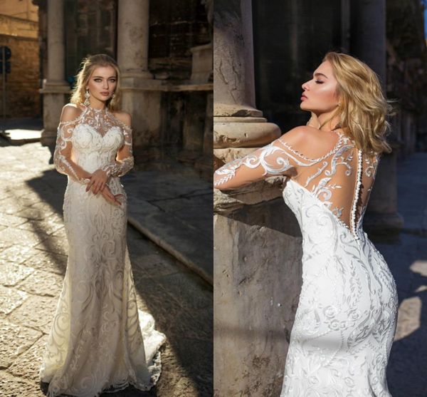 

glamorous 2018 mermaid wedding dresses exquisite lace applique illusion long sleeves floor length vintage bridal gowns wedd9612242, White