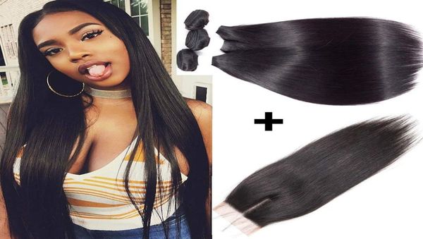 

unprocessed 8a human hair bundles with lace closure brazilian straight hair weaves with closure sew in hair extensions natural bla4207380, Black