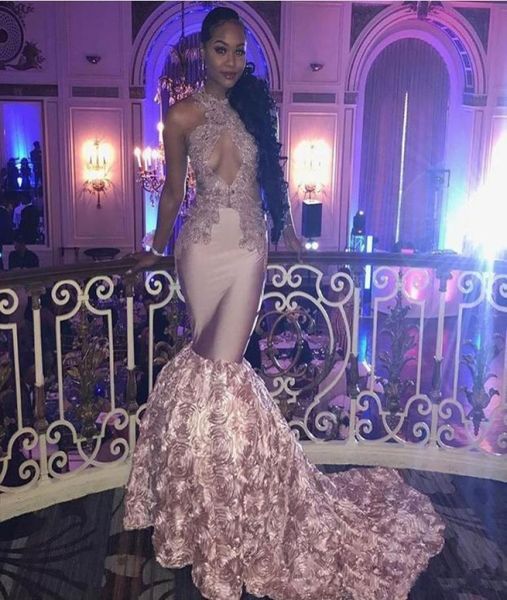 

stylish black girl lace mermaid prom dresses halter deep v neck sequined plus size evening gowns appliqued sweep train formal dres6554731