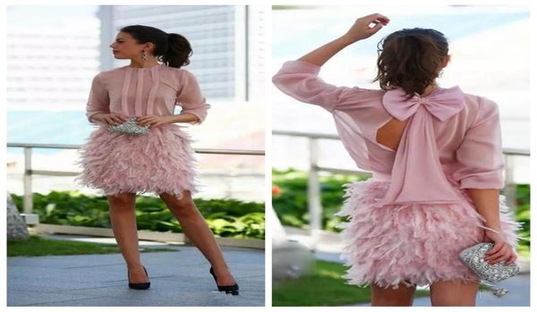 

2019 chiffon pink short feather cocktail dresses quarter sleeves open back bow evening gowns party dresses for special occasion pr8152167, Black