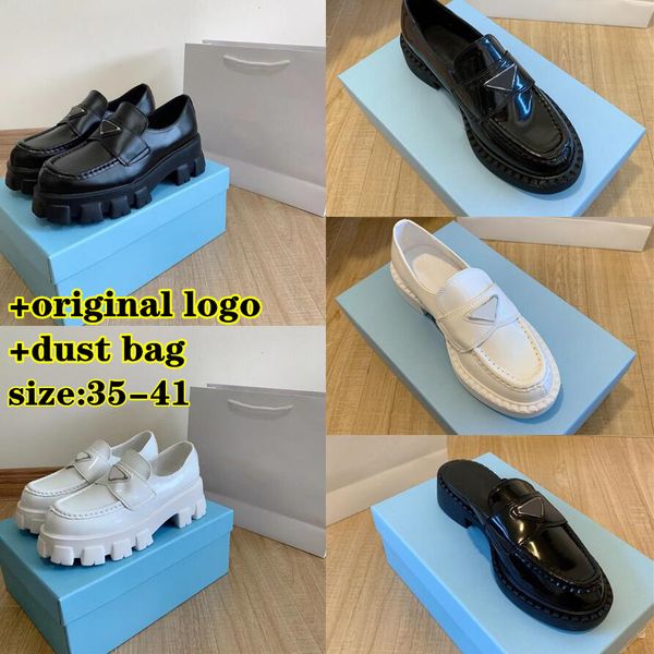 

women loafers designer casual shoes classics p triangle logo thick soled black leather shoes increase platform sneakers with dust bag size 3