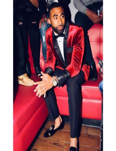 

popular red one button velvet men suits prom blazer shawl lapel trim fit wedding groom tuxedos man winter suit separates7456211, Black;gray