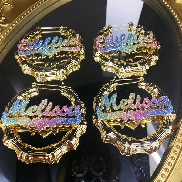 

dangle chandelier custom name bamboo earrings bling name earrings personalized stainless steel name hoop earrings bamboo hoops for women gir, Silver