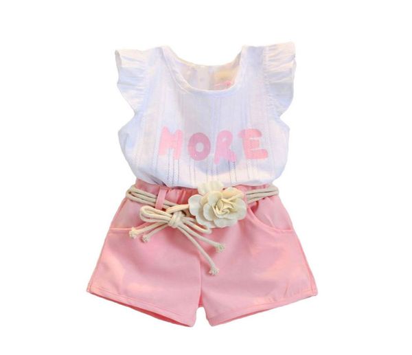 

kids designer clothing sets girls flower letter outfits baby summer sleeveless shorts belt suits cotton fly sleeve ruffle ts5898901, White