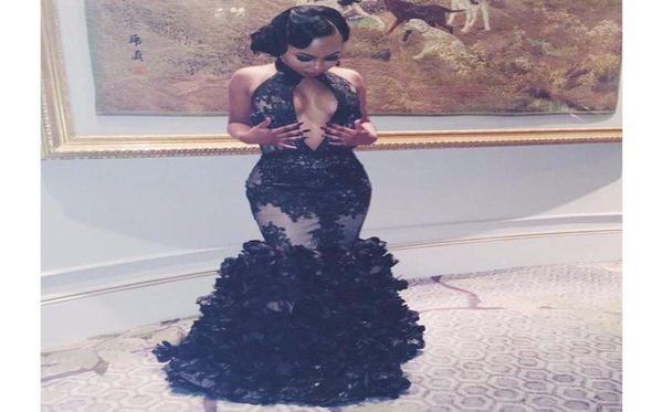 

organza prom dresses lace applique ruffles halter black long elegant meramid backless evening dresses 2019 new vestidos de fiesta9274819