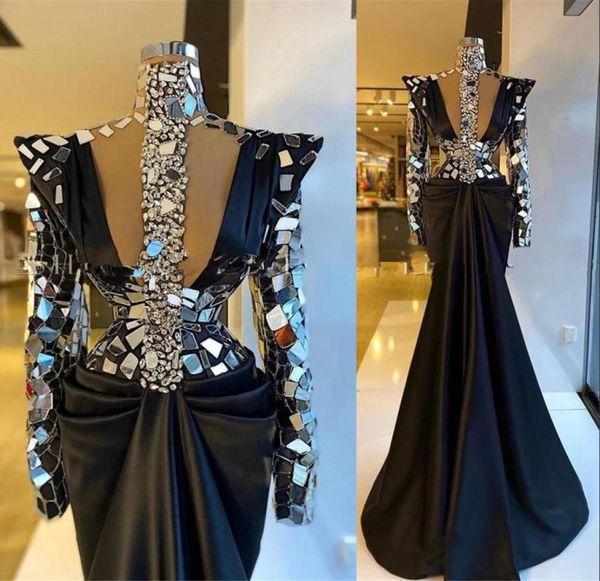 

2022 black evening dresses wear bling long sleeves high neck illusion crystal beading satin mermaid plus size formal party dress p4434992, Black;red