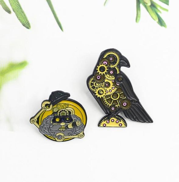 

punk machine bird robot enamel pins gear turntable crow bird eagle machinist brooches lapel bag jewelry gift for kids whole6386964, Blue