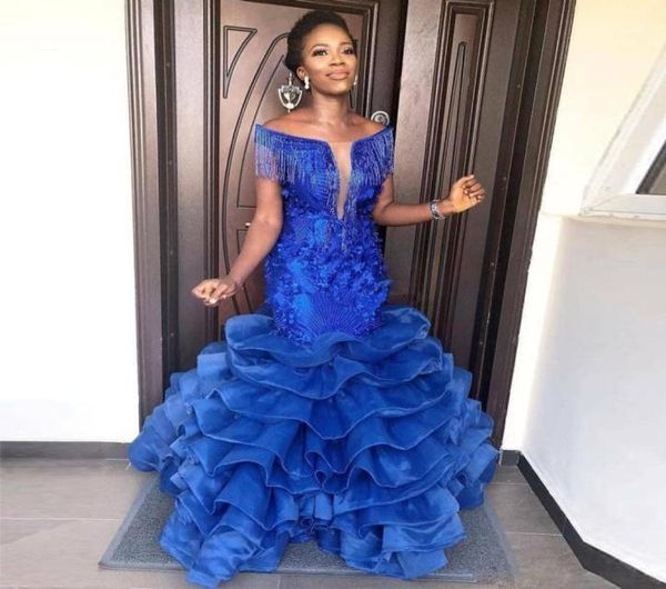 

luxury royal blue off the shoulder mermaid africa evening dresses tassel beaded tiered bottom pageant dress plus size prom gown6804526, Black