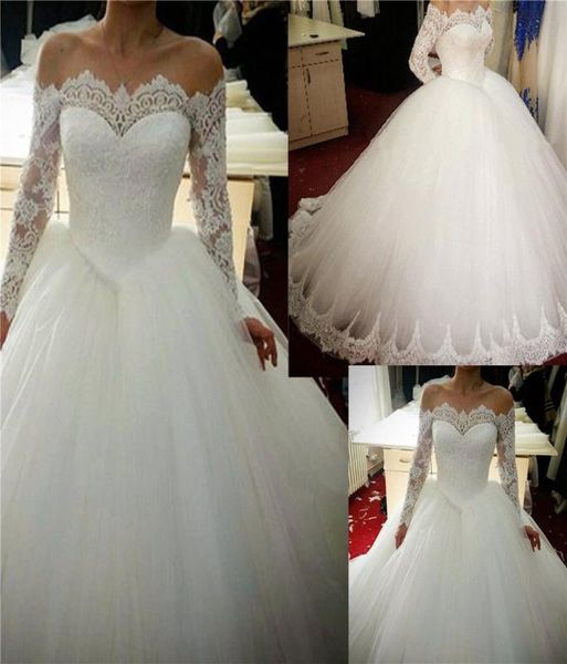 

white lace off shoulder wedding ball gown long sleeves princess puffy train bride wedding dress tulle lace edge bridal event ball 8104452