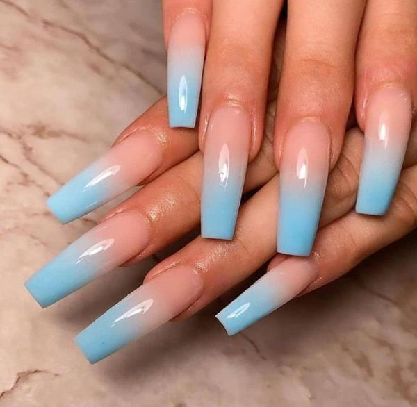 

24pcs press on nails coffin long ballet gradients blue manicure patch artificial nails with glue for girls1390237, Red;gold