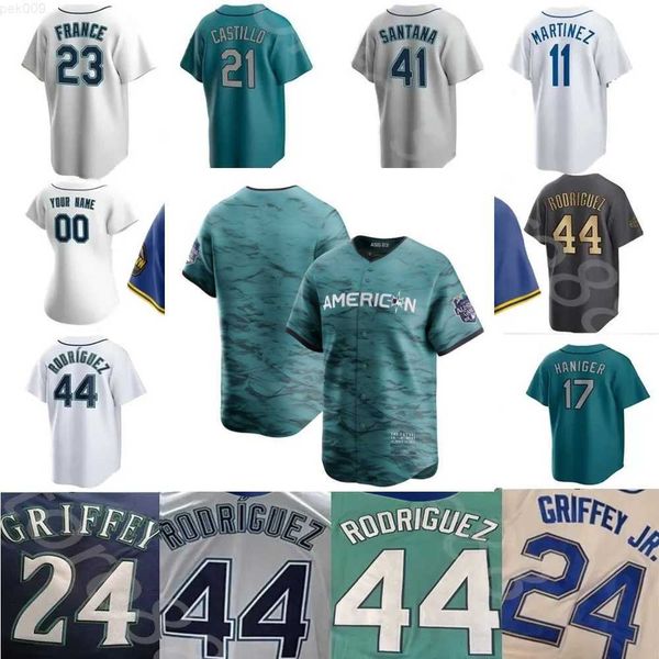 

2023 all-star city men women youth seattle 24 ken griffey jr. 44 julio rodriguez 51 ichiro suzuki 28 eugenio suarez mariners baseball jersey, Blue;black