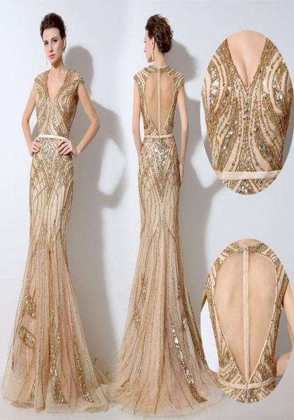 

2019 vintage gold evening dresses luxury sequins beading keyhole back sash mermaid cap sleeves v neck bridal formal dress prom gow5419401, Black