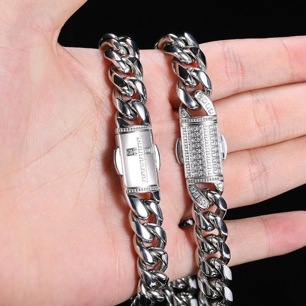 

european and american hip-hop stainless steel cuban chain electroplated genuine gold 18k titanium steel men's hiphop trend bracelet, Silver