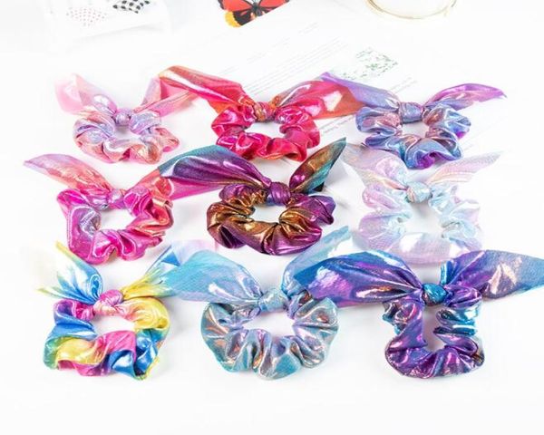 

rabbit ear hairband rainbow bow hair tie dye glitter laser elastic hair bands women ponytail holder girls scrunchies hair accessor7798963, Slivery;white