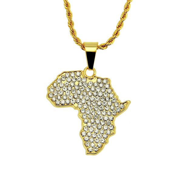 

hip hop rapper shiny diamond pendant gold necklace creative map of africa full zircon pendant copper micro-inset zircon jewelry 75cm necklac, Silver
