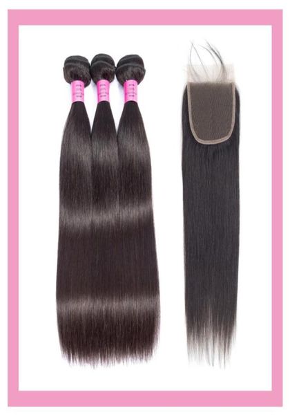 

malaysian 5x5 lace closure straight 100 human hair 3 bundles with 55 closures middle three part double wefts9401047, Black;brown