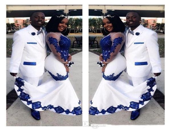 

white satin royal blue lace aso ebi african prom dresses long illusion sleeves applique evening formal gowns pageant celebrity dre6709785, Black