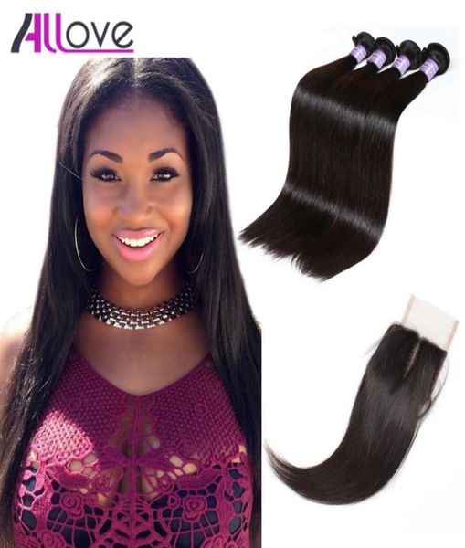 

allove 8a peruvian virgin extensions wefts straight human hair bundles with 4x4 lace closure brazilian whole for women all age1116445, Black