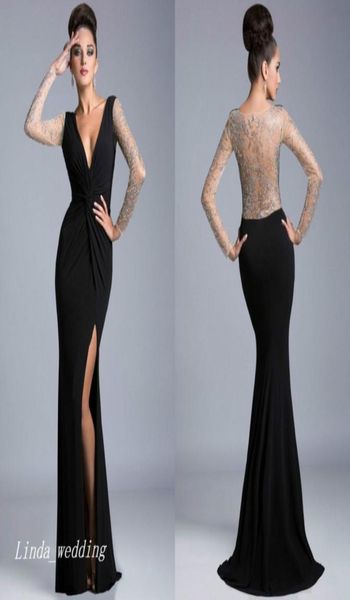 

black sheer evening dress deep v neck side slit long sleeves beading prom party dress formal event gown6823363, Black;red