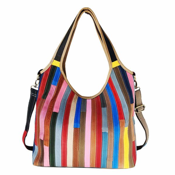 

shoulder bags new summer leather women's bag single crossbody cowhide stripe spliced colorful 230619