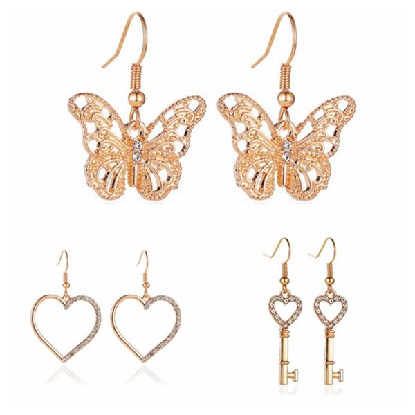 

3pairs dangle earrings simple heart key butterfly design ins style - pretty gift for girls, Silver