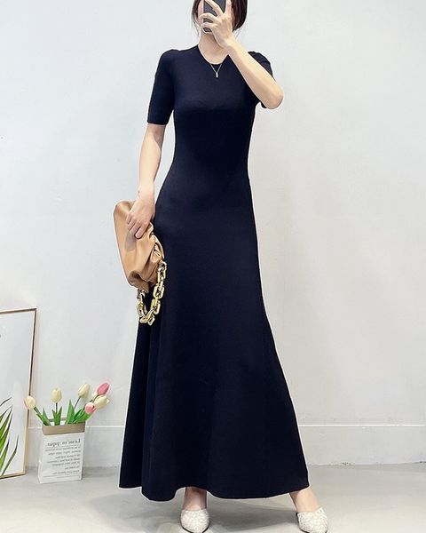 

basic & casual dresse new maje diamond back hollow round neck short sleeve long knit dress, Black;gray